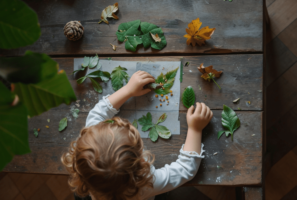 enfant qui fait une activité créative autour de la nature